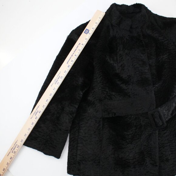 VTG 50s 60s Faux Fur Jacket Black Belted Satin Lined Stand Collar Swing Coat M - Picture 12 of 16